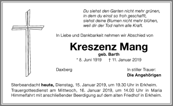 Traueranzeige von Kreszenz Mang von Memminger Zeitung