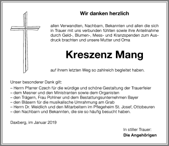 Traueranzeige von Kreszenz Mang von Memminger Zeitung