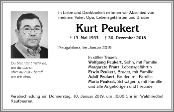 Traueranzeige von Kurt Peukert von Allgäuer Zeitung, Kaufbeuren/Buchloe