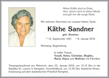 Traueranzeige von Käthe Sandner von Allgäuer Zeitung,Kempten