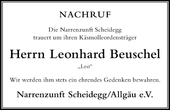 Traueranzeige von Leonhard Beuschel von Der Westallgäuer