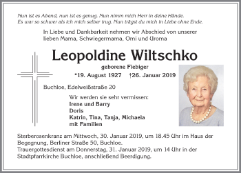 Traueranzeige von Leopoldine Wiltschko von Allgäuer Zeitung, Kaufbeuren/Buchloe