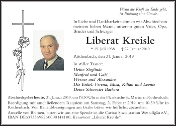 Traueranzeige von Liberat Kreisle von Der Westallgäuer