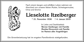 Traueranzeige von Lieselotte Itzelberger von Allgäuer Zeitung, Kaufbeuren/Buchloe