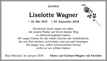 Traueranzeige von Liselotte Wagner von Allgäuer Anzeigeblatt