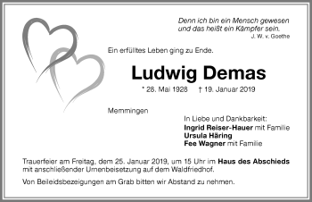 Traueranzeige von Ludwig Demas von Memminger Zeitung