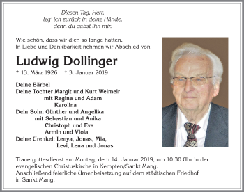 Traueranzeige von Ludwig Dollinger von Allgäuer Zeitung