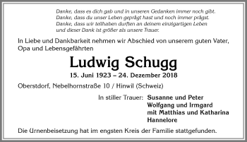 Traueranzeige von Ludwig Schugg von Allgäuer Anzeigeblatt