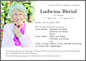 Traueranzeige von Ludwina Bitriol von Der Westallgäuer