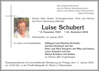 Traueranzeige von Luise Schubert von Allgäuer Anzeigeblatt
