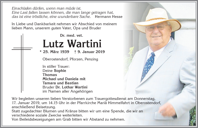  Traueranzeige für Lutz Wartini vom 14.01.2019 aus Allgäuer Zeitung, Kaufbeuren/Buchloe