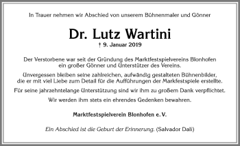 Traueranzeige von Lutz Wartini von Allgäuer Zeitung, Kaufbeuren/Buchloe