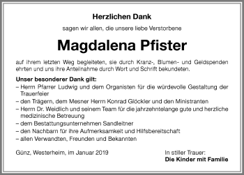 Traueranzeige von Magdalena Pfister von Memminger Zeitung