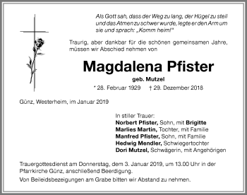 Traueranzeige von Magdalena Pfister von Memminger Zeitung