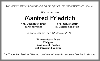 Traueranzeige von Manfred Friedrich von Allgäuer Anzeigeblatt
