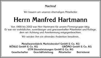 Traueranzeige von Manfred Hartmann von Allgäuer Zeitung, Marktoberdorf