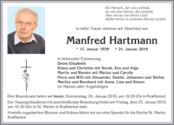 Traueranzeige von Manfred Hartmann von Allgäuer Zeitung, Marktoberdorf