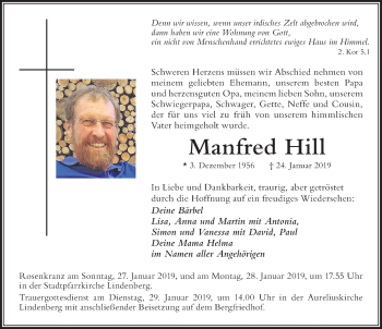 Traueranzeige von Manfred Hill von Der Westallgäuer