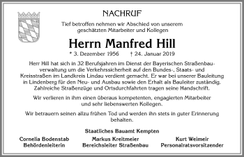 Traueranzeige von Manfred Hill von Allgäuer Zeitung