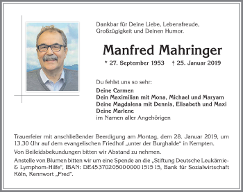 Traueranzeige von Manfred Mahringer von Allgäuer Zeitung,Kempten