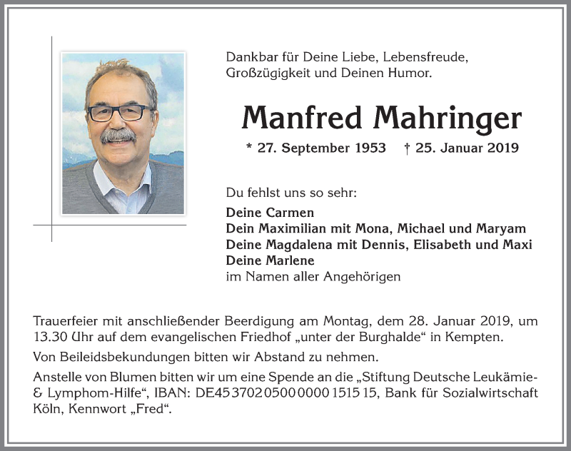  Traueranzeige für Manfred Mahringer vom 26.01.2019 aus Allgäuer Zeitung,Kempten