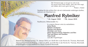 Traueranzeige von Manfred Rybniker von Allgäuer Zeitung, Kaufbeuren/Buchloe