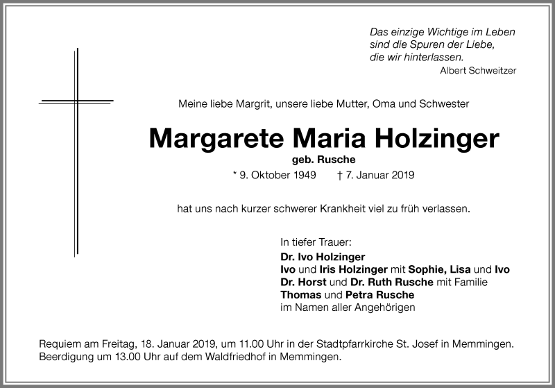  Traueranzeige für Margarete Maria Holzinger vom 16.01.2019 aus Memminger Zeitung
