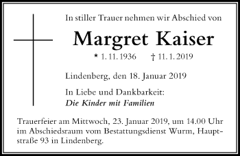 Traueranzeige von Margret Kaiser von Der Westallgäuer