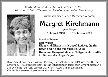 Traueranzeige von Margret Kirchmann von Allgäuer Zeitung