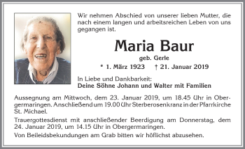 Traueranzeige von Maria Baur von Allgäuer Zeitung, Kaufbeuren/Buchloe