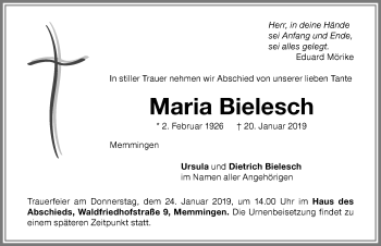 Traueranzeige von Maria Bielesch von Memminger Zeitung