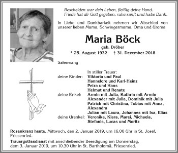 Traueranzeige von Maria Böck von Allgäuer Zeitung, Kaufbeuren/Buchloe