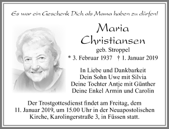 Traueranzeige von Maria Christiansen von Allgäuer Zeitung, Füssen