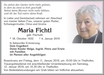 Traueranzeige von Maria Fichtl von Allgäuer Zeitung, Marktoberdorf