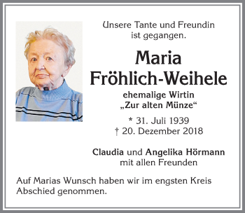 Traueranzeige von Maria Fröhlich-Weihele von Allgäuer Zeitung,Kempten