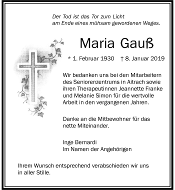 Traueranzeige von Maria Gauß von Memminger Zeitung