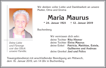 Traueranzeige von Maria Maurus von Allgäuer Zeitung,Kempten