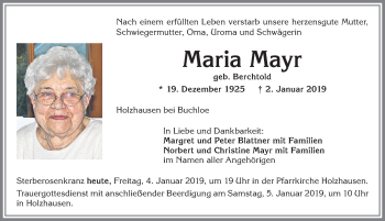 Traueranzeige von Maria Mayr von Allgäuer Zeitung