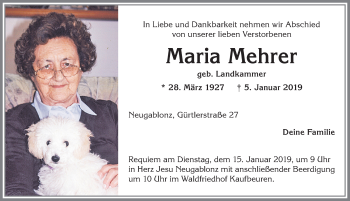 Traueranzeige von Maria Mehrer von Allgäuer Zeitung, Kaufbeuren/Buchloe