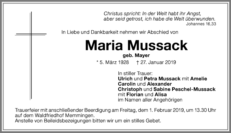  Traueranzeige für Maria Mussack vom 30.01.2019 aus Memminger Zeitung