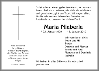 Traueranzeige von Maria Nieberle von Allgäuer Zeitung,Kempten