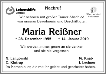Traueranzeige von Maria Reißner von Allgäuer Zeitung