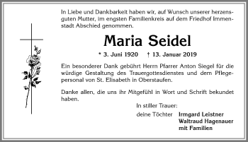 Traueranzeige von Maria Seidel von Allgäuer Anzeigeblatt