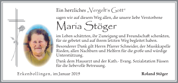 Traueranzeige von Maria Stöger von Allgäuer Zeitung, Füssen