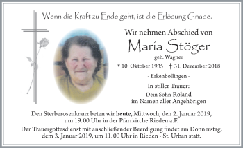 Traueranzeige von Maria Stöger von Allgäuer Zeitung, Füssen