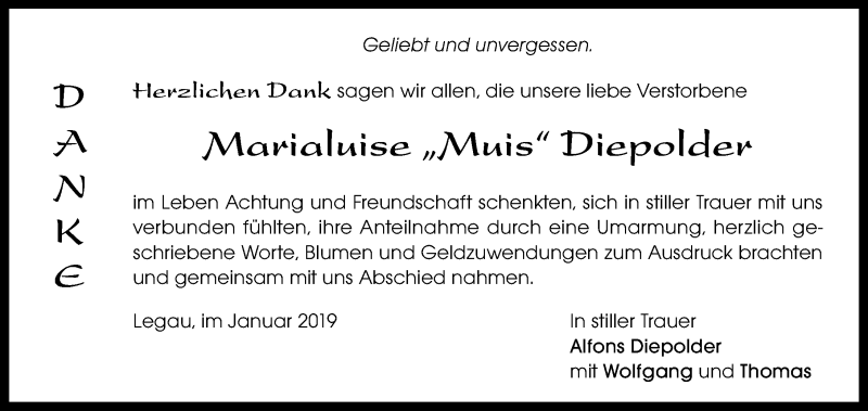  Traueranzeige für Marialuise Diepolder vom 11.01.2019 aus Memminger Zeitung