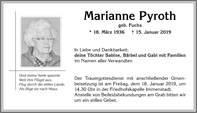  Traueranzeige für Marianne Pyroth vom 17.01.2019 aus Allgäuer Anzeigeblatt