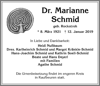 Traueranzeige von Marianne Schmid von Allgäuer Zeitung, Kaufbeuren/Buchloe