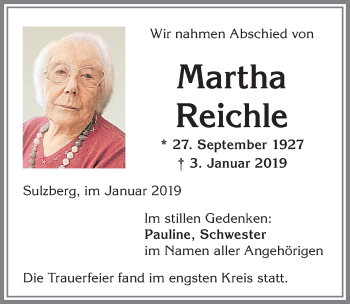 Traueranzeige von Martha Reichle von Allgäuer Zeitung,Kempten