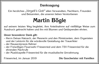 Traueranzeige von Martin Bögle von Allgäuer Zeitung, Kaufbeuren/Buchloe